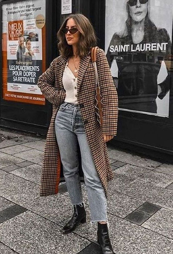 Colorful plaid lapel long coat