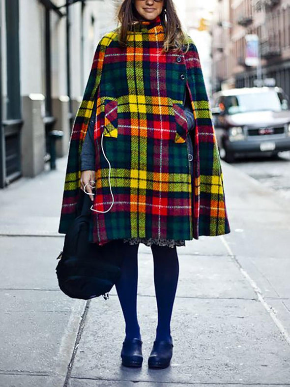 Fashion Contrast Plaid Button Cloak Coat