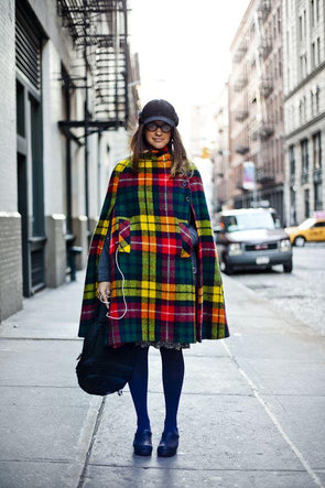 Fashion Contrast Plaid Button Cloak Coat