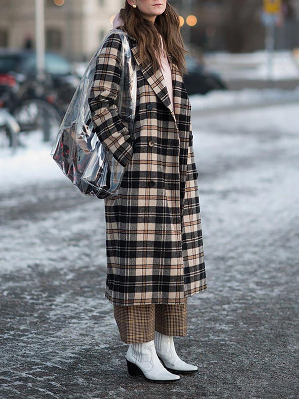 Fashion Lapel Double-breasted Loose Plaid Coat