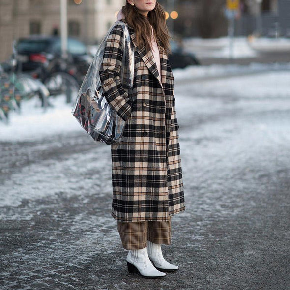 Fashion Lapel Double-breasted Loose Plaid Coat