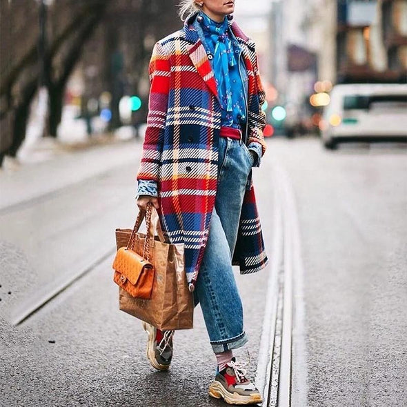 Fashion Color Plaid Long Sleeve Coat