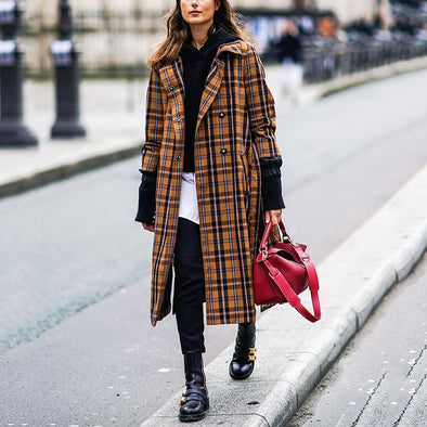 Casual Lapel Long Sleeve Plaid Overcoat