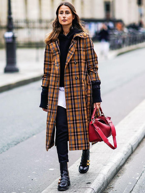 Casual Lapel Long Sleeve Plaid Overcoat