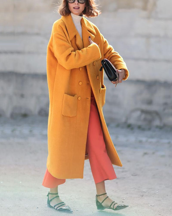 Simple Pure Color Lapel Long Sleeved Overcoat