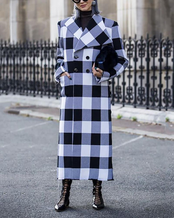 Casual Lapel Double Buckle Plaid Overcoat