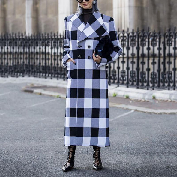 Casual Lapel Double Buckle Plaid Overcoat